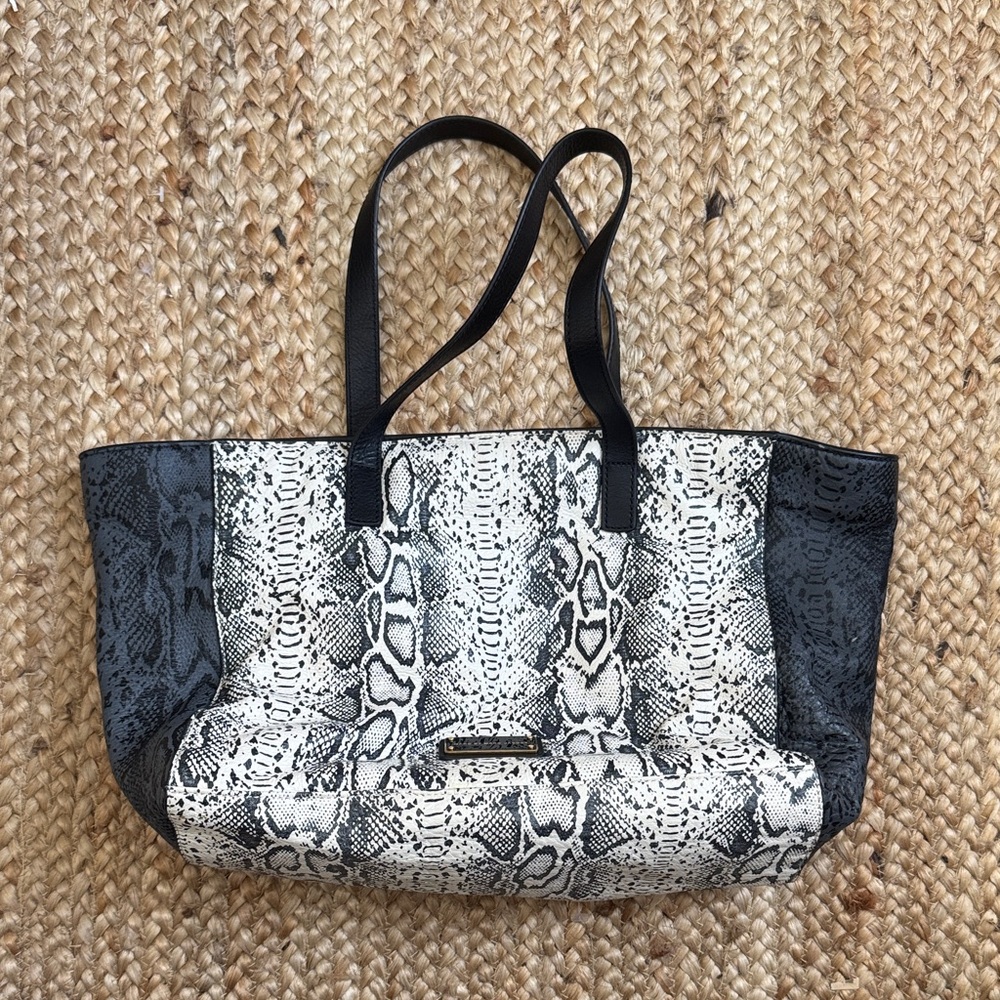 Marc by Marc Jacobs Black White Grey Leather Here's The T Snake Print Tote Bag